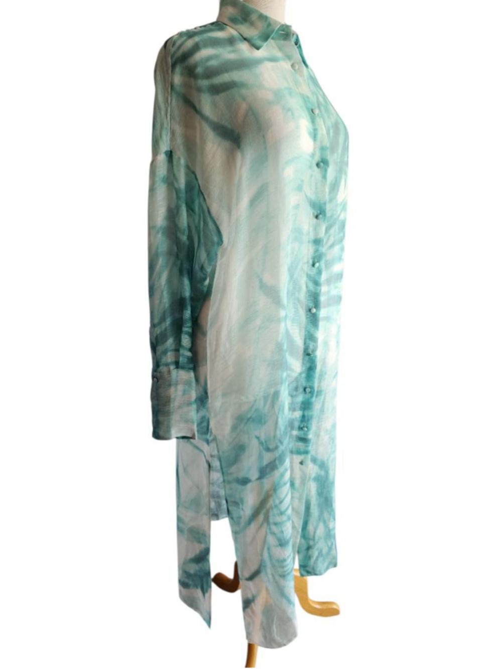 Antonelli Firenze Silk Linen Sheer Tunic Long Blouse 42 Aqua Watercolor Italian